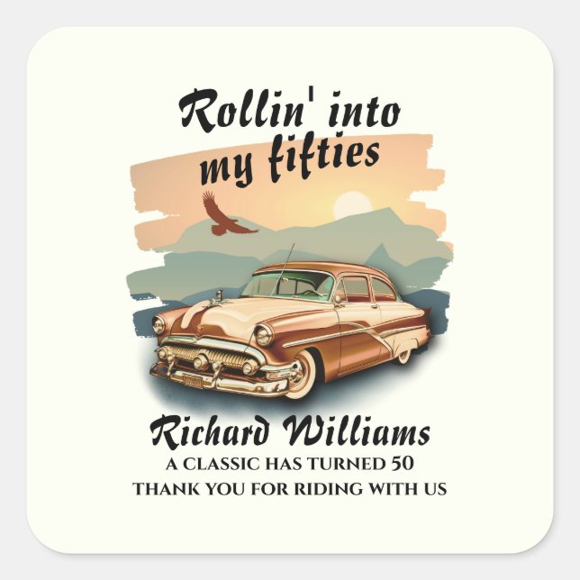 Adesivo Quadrado Men's classic car desert sunset 50th Birthday (Frente)