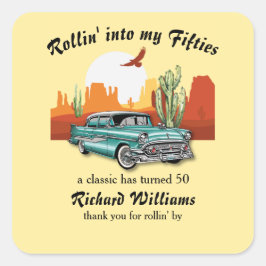 Adesivo Quadrado Men's Retro Classic Blue Car Desert 50th Birthday