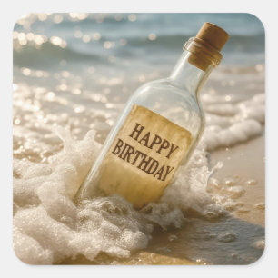 Adesivo Quadrado Mensagem de Aniversário numa Garrafa
