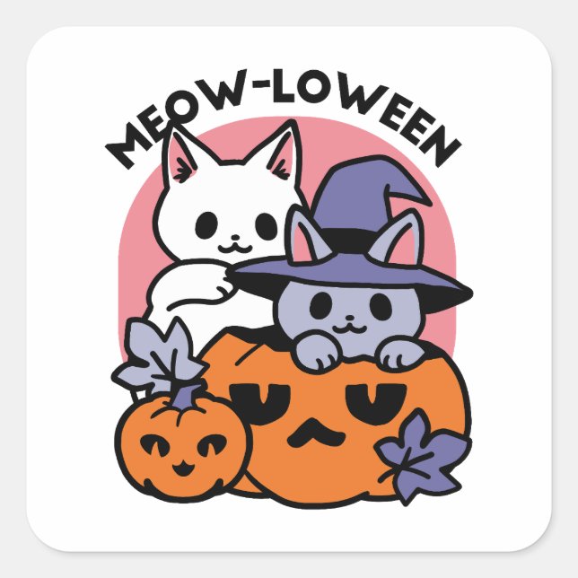 Adesivo Quadrado Meow-Loween - Design de Gato de Halloween (Frente)