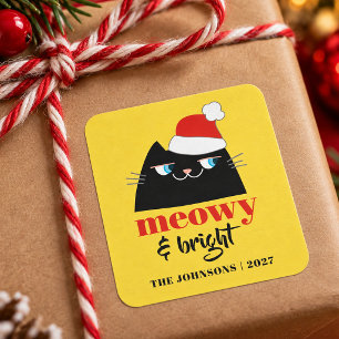 Adesivo Quadrado Meowy & Brilhante Gato Divertido Natal Família