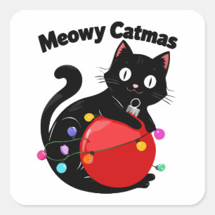 Adesivo Quadrado Meowy Catmas - Gato com enfeite de Natal