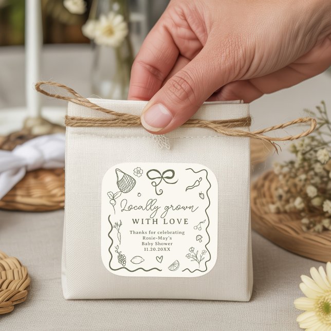 Adesivo Quadrado Mercado de agricultores russos Chás de fraldas com (Locally Grown Baby Shower Rustic Farmer’s Market Square Sticker)