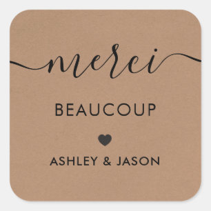Adesivo Quadrado Merci Beaucoup Tag, Casamento Obrigado Tags, Kraft