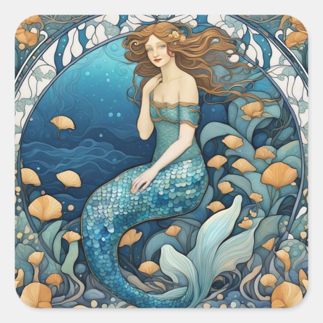 Adesivo Quadrado Mermaid Art Nouveau Aqua Blue Turquoise Art Deco (Frente)