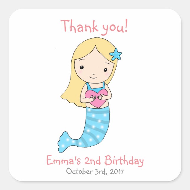 Adesivo Quadrado Mermaid Birthday Favor Sticker Mermaid Party Favor (Frente)