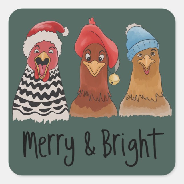 Adesivo Quadrado Merry And Bright Chickens Christmas Farm Animal  (Frente)