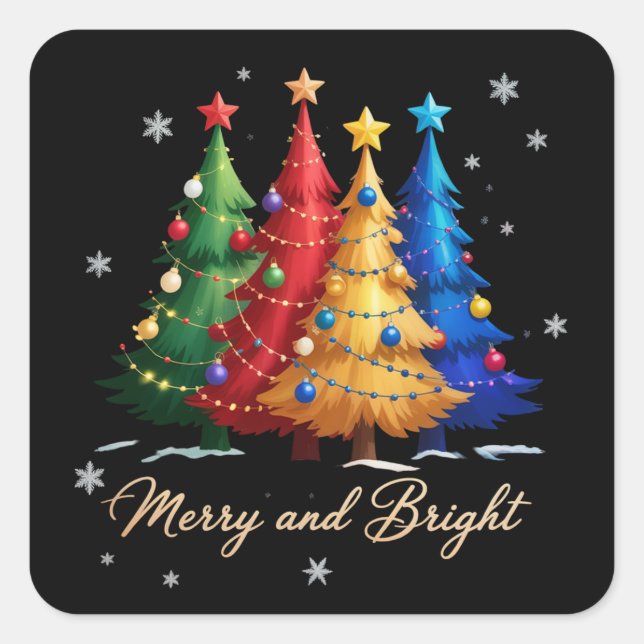 Adesivo Quadrado Merry and Bright Trees Christmas Holiday Gift Cute (Frente)