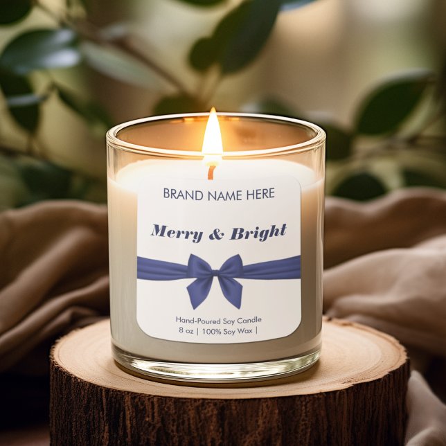 Adesivo Quadrado Merry & Bright | Blue Bow Modern Candle Labels (Criador carregado)