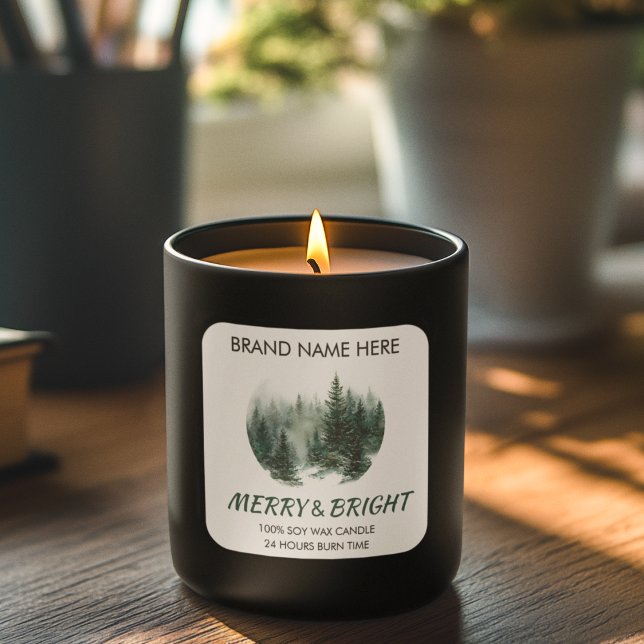 Adesivo Quadrado Merry & Bright Modern Pine Trees Candle Label  (Criador carregado)