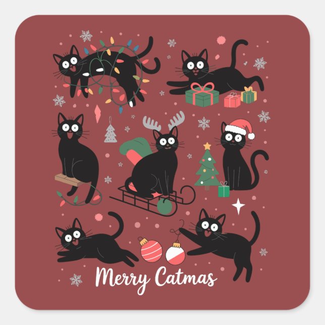 Adesivo Quadrado Merry Catmas Funny Christmas Black Cat Lover (Frente)