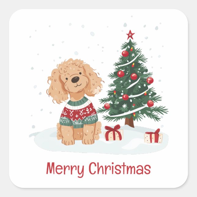 Adesivo Quadrado Merry Christmas Goldendoodle Dog (Frente)
