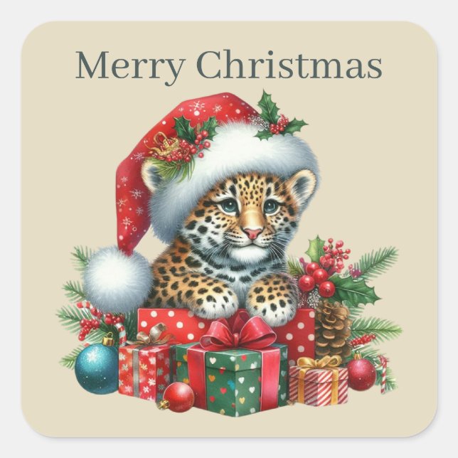 Adesivo Quadrado Merry Christmas leopardo adiciona texto (Frente)