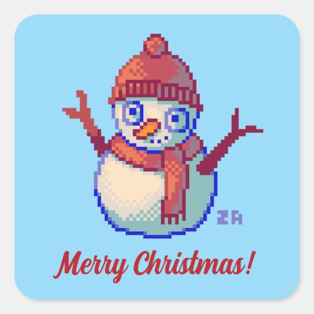 Adesivo Quadrado Merry Christmas, Pixel Art, pixelart, Snowman  (Frente)