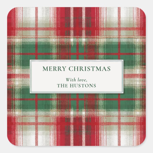 Adesivo Quadrado Merry Christmas Plaid Holiday (Frente)