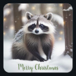 Adesivo Quadrado Merry Christmas Raccoon<br><div class="desc">Estes adesivos apresentam um guaxinim fofo em uma Floresta mágica. O texto pode ser alterado ou eliminado de acordo com as suas necessidades.</div>