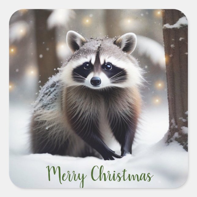 Adesivo Quadrado Merry Christmas Raccoon (Frente)