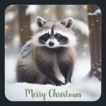 Adesivo Quadrado Merry Christmas Raccoon<br><div class="desc">Estes adesivos apresentam um guaxinim fofo em uma Floresta mágica. O texto pode ser alterado ou eliminado de acordo com as suas necessidades.</div>