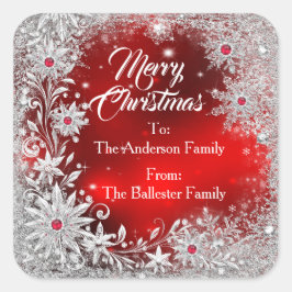 Adesivo Quadrado Merry Christmas Red White snowflakes red gems 