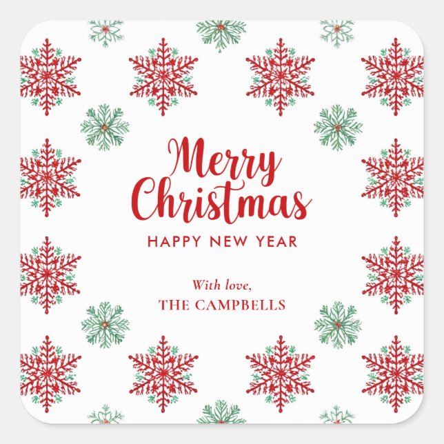 Adesivo Quadrado Merry Christmas Snowflake, Holiday Gift Sticker (Frente)