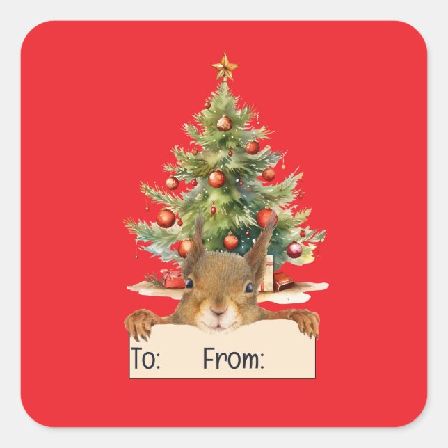 Adesivo Quadrado Merry Christmas Squirrel Christmas Tree To From (Frente)