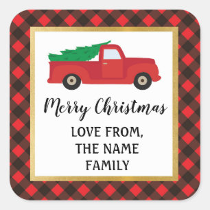 Adesivo Quadrado Merry Christmas Sticker Labels Red Xadrez Truck