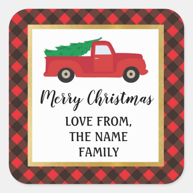 Adesivo Quadrado Merry Christmas Sticker Labels Red Xadrez Truck (Frente)