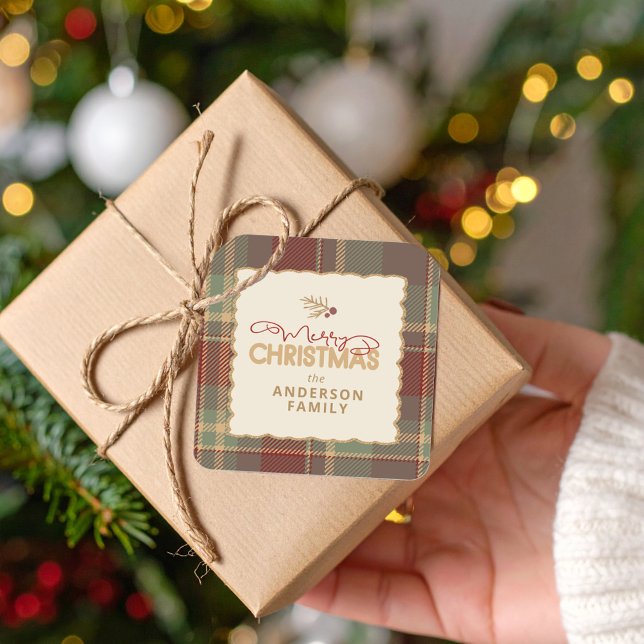 Adesivo Quadrado Merry Christmas Tartan Border ID1141A (Criador carregado)
