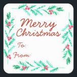 Adesivo Quadrado Merry Christmas Watercolor Pine Sprig & Berries<br><div class="desc">Pinheiros verdes,  bonito e simples,  de cor aquosa,  e bagas vermelhas,  com um adesivo. Ele apresenta as palavras "Feliz Natal" em roteiros vermelhos,  assim como espaços para você entregar a escrita em nomes.</div>