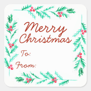 Adesivo Quadrado Merry Christmas Watercolor Pine Sprig & Berries