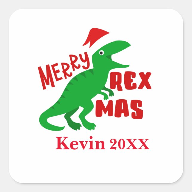 Adesivo Quadrado Merry Rex Mas Personalize Crianças TRex Dinossauro (Frente)