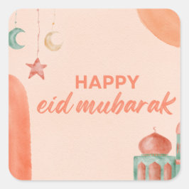 Adesivo Quadrado Mesquita de Aquarela de Eid Mubarak