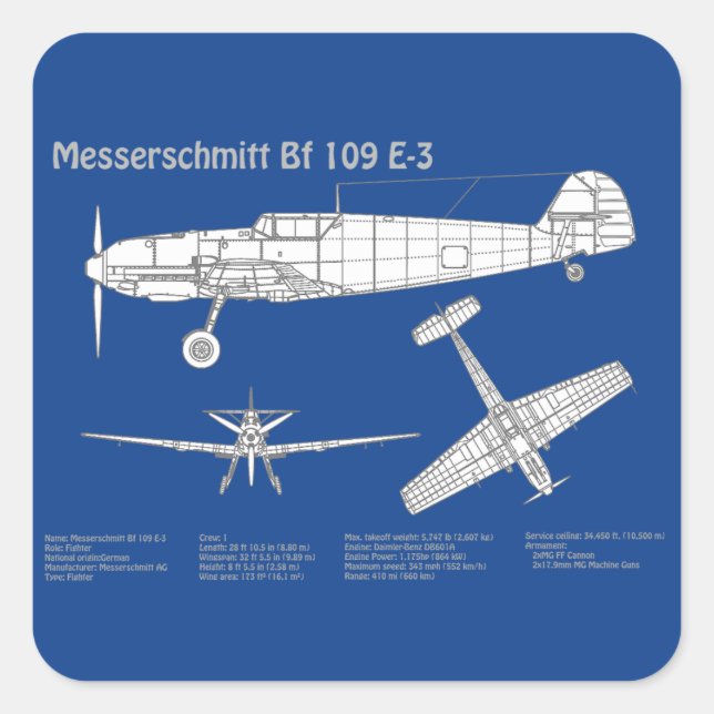 Adesivo Quadrado Messerschmitt Bf 109 - Airplane Blueprint ABD (Frente)
