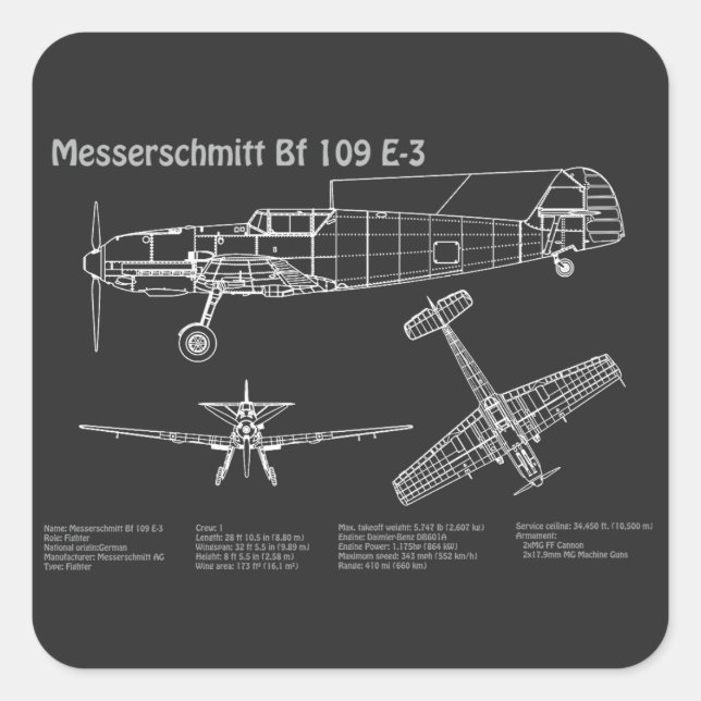 Adesivo Quadrado Messerschmitt Bf 109 - Airplane Blueprint PD (Frente)