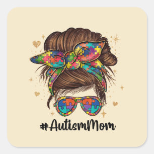Adesivo Quadrado Messy Bun Orgulhoso Autismo Mãe