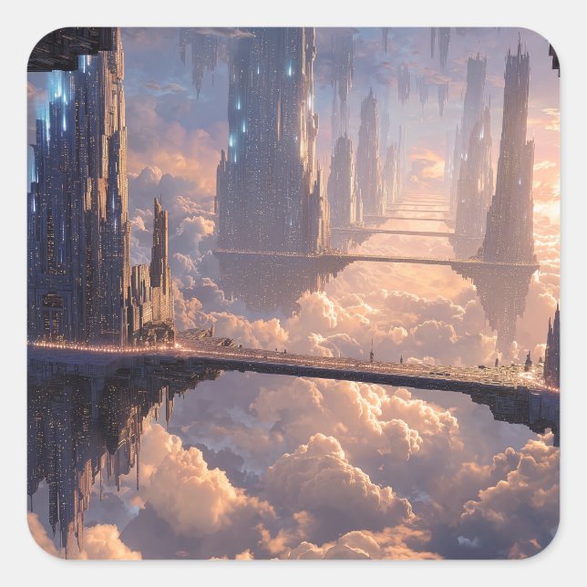 Adesivo Quadrado Metrópole Flutuante nas Nuvens (Frente)