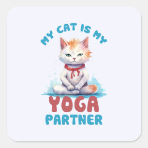 Adesivo Quadrado Meu Gato É Meu Parceiro Yoga - Adorável Gato Medit