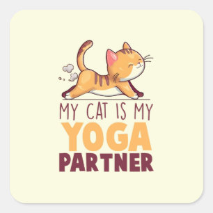 Adesivo Quadrado Meu Gato É Meu Parceiro Yoga - Gato Esticante