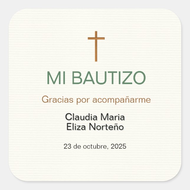 Adesivo Quadrado Mi Bautizo Favor Sticker Custom Baptism Label (Frente)