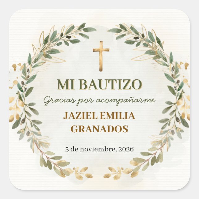 Adesivo Quadrado Mi Bautizo Stickers Personalized Baptism Labels (Frente)