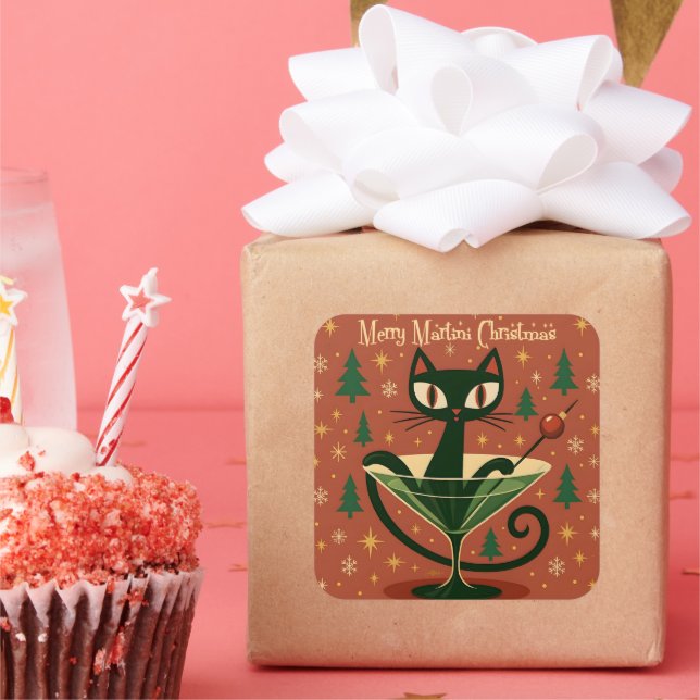 Adesivo Quadrado Mid Century Black Cat Merry Martini Christmas (Festa)