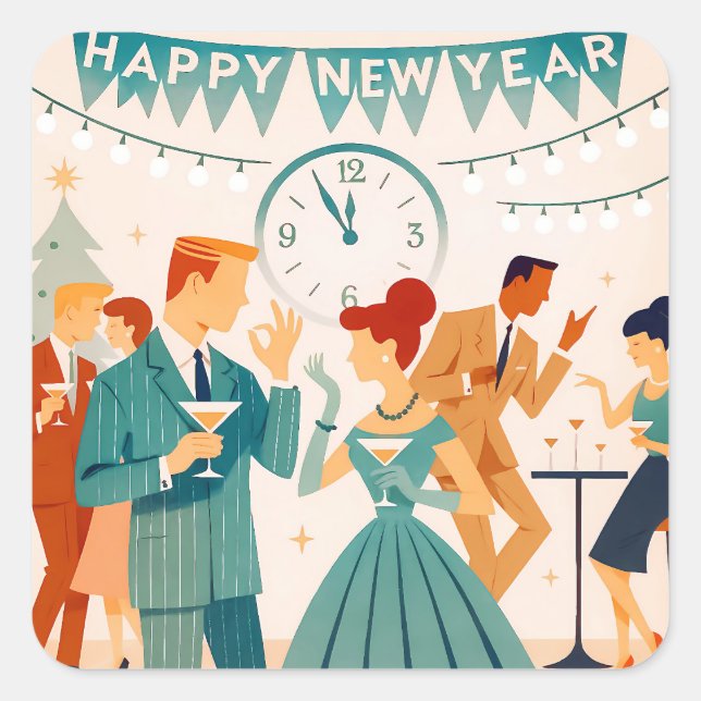 Adesivo Quadrado Mid Century Happy New Year The Martini Dance (Frente)