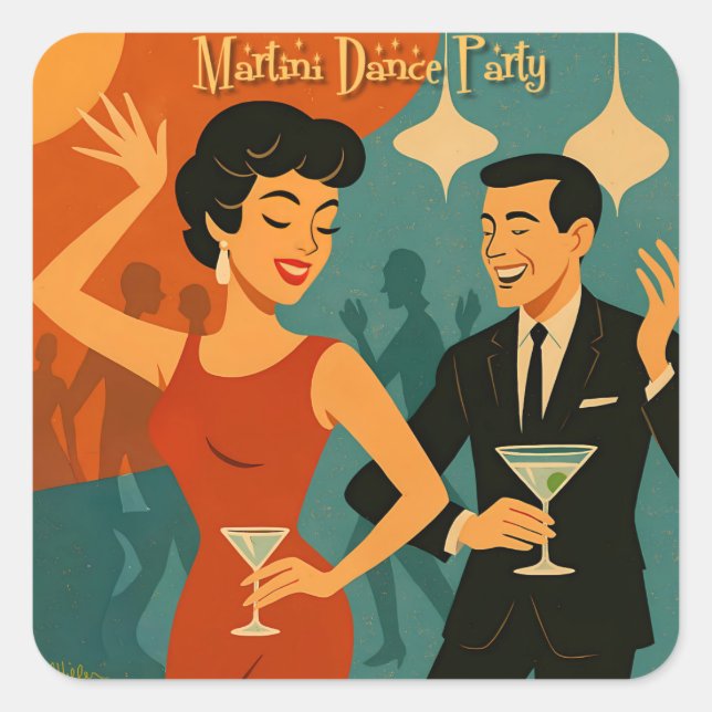 Adesivo Quadrado Mid Century Martini Dance Party (Frente)