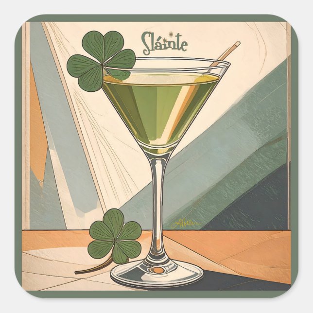 Adesivo Quadrado Mid Century Modern Art Shamrock Martini Sláinte!  (Frente)