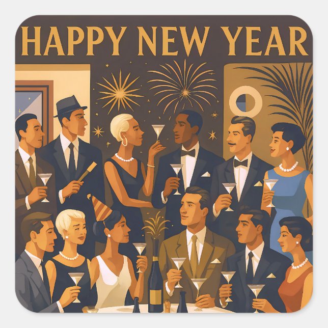 Adesivo Quadrado Mid Century Modern Martini Intellectuals New Year (Frente)
