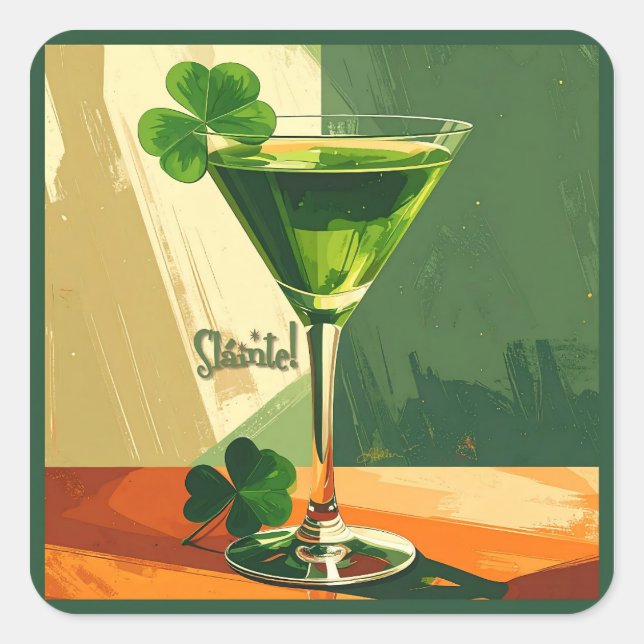 Adesivo Quadrado Mid Century Modern Shamrock Martini Sláinte!  (Frente)