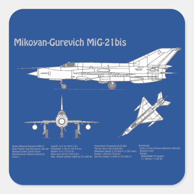 Adesivo Quadrado MiG-21 bis - ABD (Planos de Impressão Blueprint do (Frente)