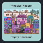 Adesivo Quadrado Milagres Acontecem Hannukah Stickers<br><div class="desc">Ilustração gráfica da tapeçaria de cores na cidade de Jerusalém. Personalize esses adesivos com sua escolha de cor e mensagem de fundo. Arte original de Magins Creations.</div>