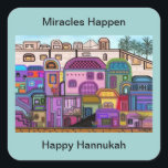 Adesivo Quadrado Milagres Acontecem Hannukah Stickers<br><div class="desc">Ilustração gráfica da tapeçaria de cores na cidade de Jerusalém. Personalize esses adesivos com sua escolha de cor e mensagem de fundo. Arte original de Magins Creations.</div>