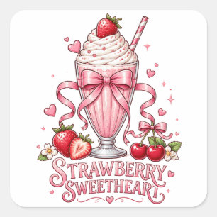 Adesivo Quadrado Milkshake de Morango Cute Sobremesa Rosa Doce